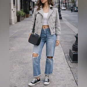 Armani Exchange Gray Beige Wool Blend Double Breasted Collar Bomber Jacket Sz S